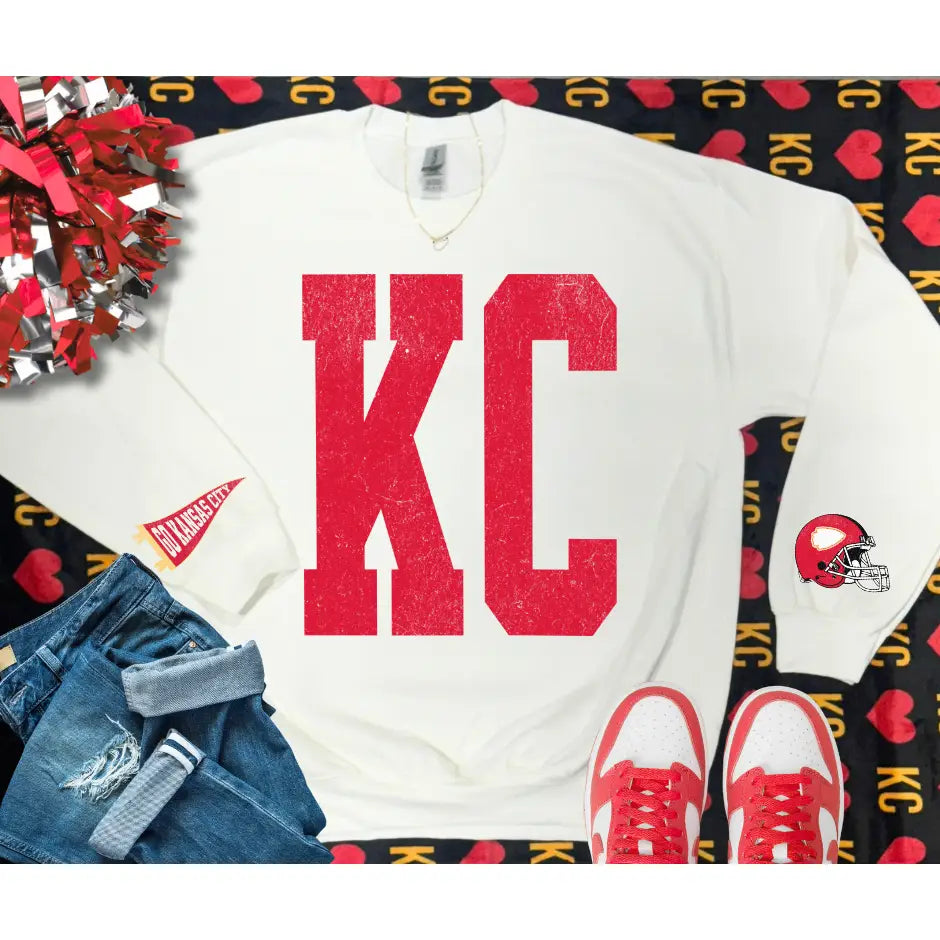 Bold KC Crewneck Sweatshirt with Sleeves Helment Banner Kansas City Football
