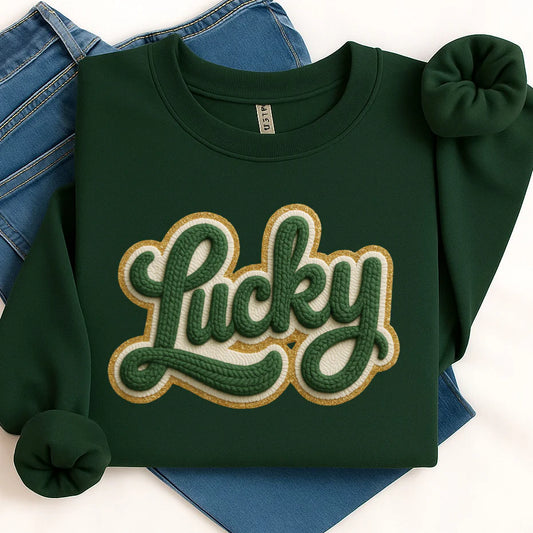 Women's St. Patrick's Day Lucky Green Faux Yarn Crewneck Sweatshirt
