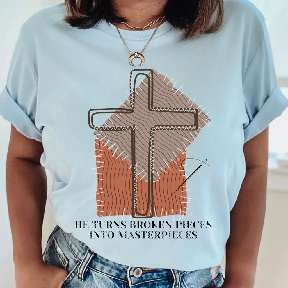 Cross Sewing Easter Graphic Tee He Turns Broken Pieces Into Masterpieces