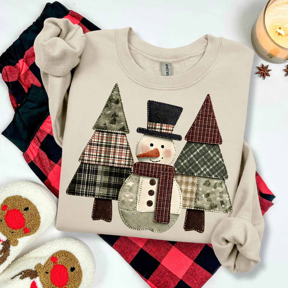 Holiday Christmas Patchwork Faux Quilted DTF Snowman Christmas Tree Crewneck Sweatshirt