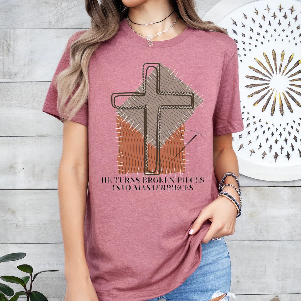 Cross Sewing Easter Graphic Tee He Turns Broken Pieces Into Masterpieces