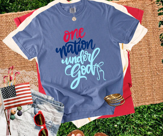Women's Unisex Comfort Colors Patriotic One Nation Under God Graphic T-Shirt Fourth of July Tee