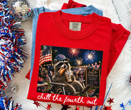 Patriotic Fourth of July Chill The Fourth Out Silly Raccoon Graphic T-Shirt Gildan Tee