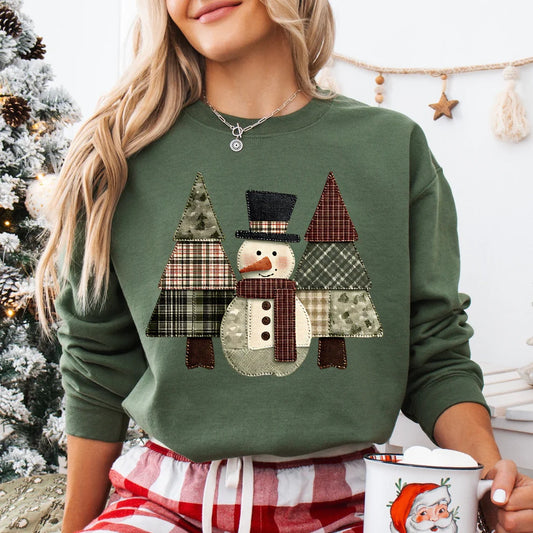 Holiday Christmas Patchwork Faux Quilted DTF Snowman Christmas Tree Crewneck Sweatshirt