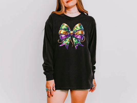 Mardi Gras New Orleans Faux Sequin Bow Unisex Crewneck Graphic Sweatshirt
