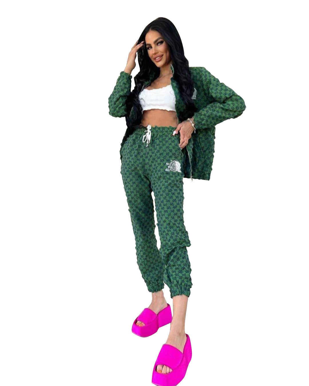 Dupe Checkered Design The North Face Jacket & Jogger Pants Embroidery 2 Piece Set