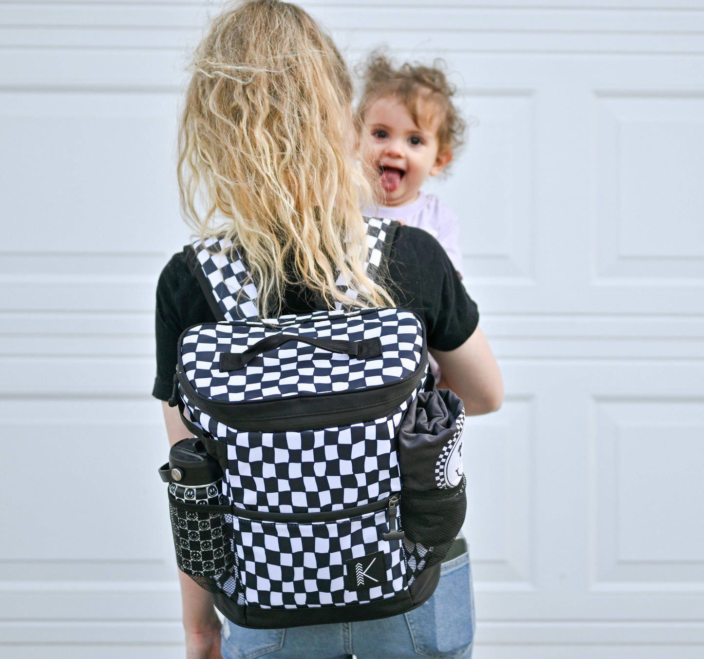 Wavy Black & White Checkered Insulated Multi-Use Backpack Bag