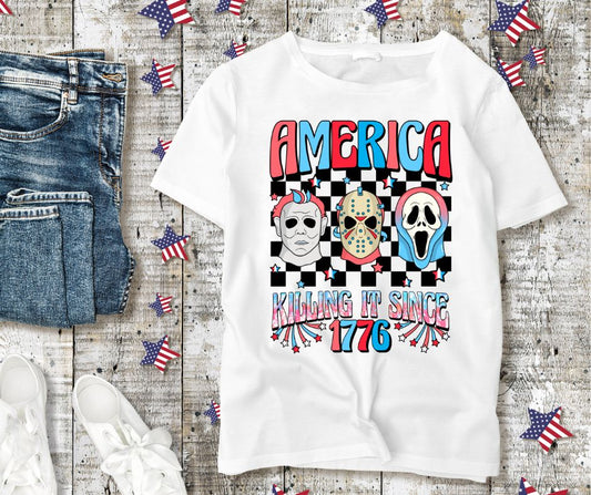 Women's Fourth Of July  Patriotic America Killing It Since 1776 Horror Graphic Tee T-Shirt