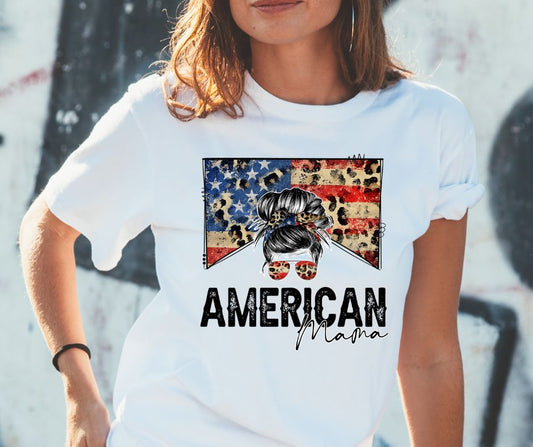 Women's White USA Patriotic American Mama Graphic Tee T-Shirt