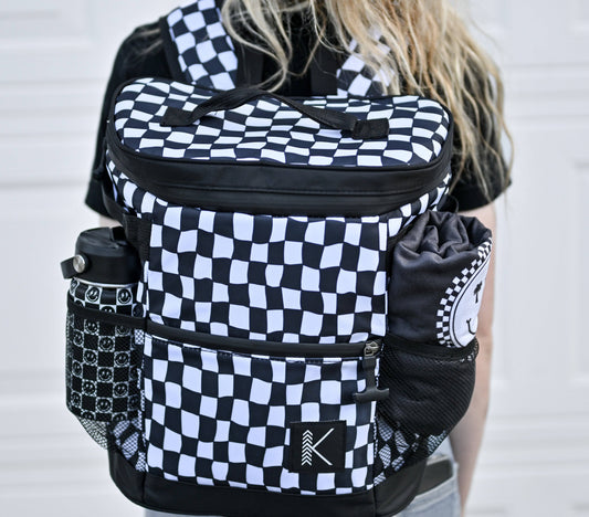 Wavy Black & White Checkered Insulated Multi-Use Backpack Bag