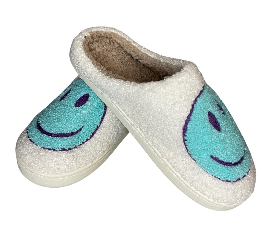 Women's Fuzzy Smiley Face Slippers Turquoise Blue and White