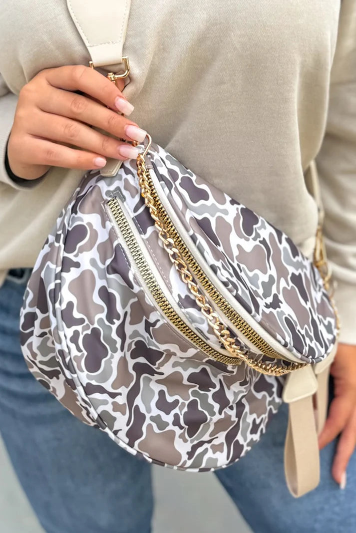 Women's Trendy Camouflage Crossbody Bum Bag Camo Style Large Capacity Camouflage Print Gold Chain Strap Double Zipper