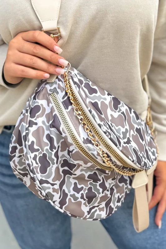 Women's Trendy Camouflage Crossbody Bum Bag Camo Style Large Capacity Camouflage Print Gold Chain Strap Double Zipper