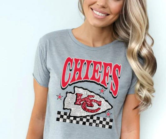 Unisex KC Kansas City Chiefs Foootball Sequin Checkered Football Graphic T-Shirt