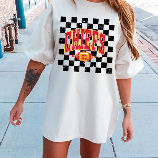 Black Checkered Football Kansas City Chiefs KC Football T-Shirt Tee