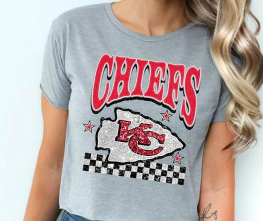 Kansas City Chiefs Football Sequin Arrowhead Checkered Graphic T-shirt