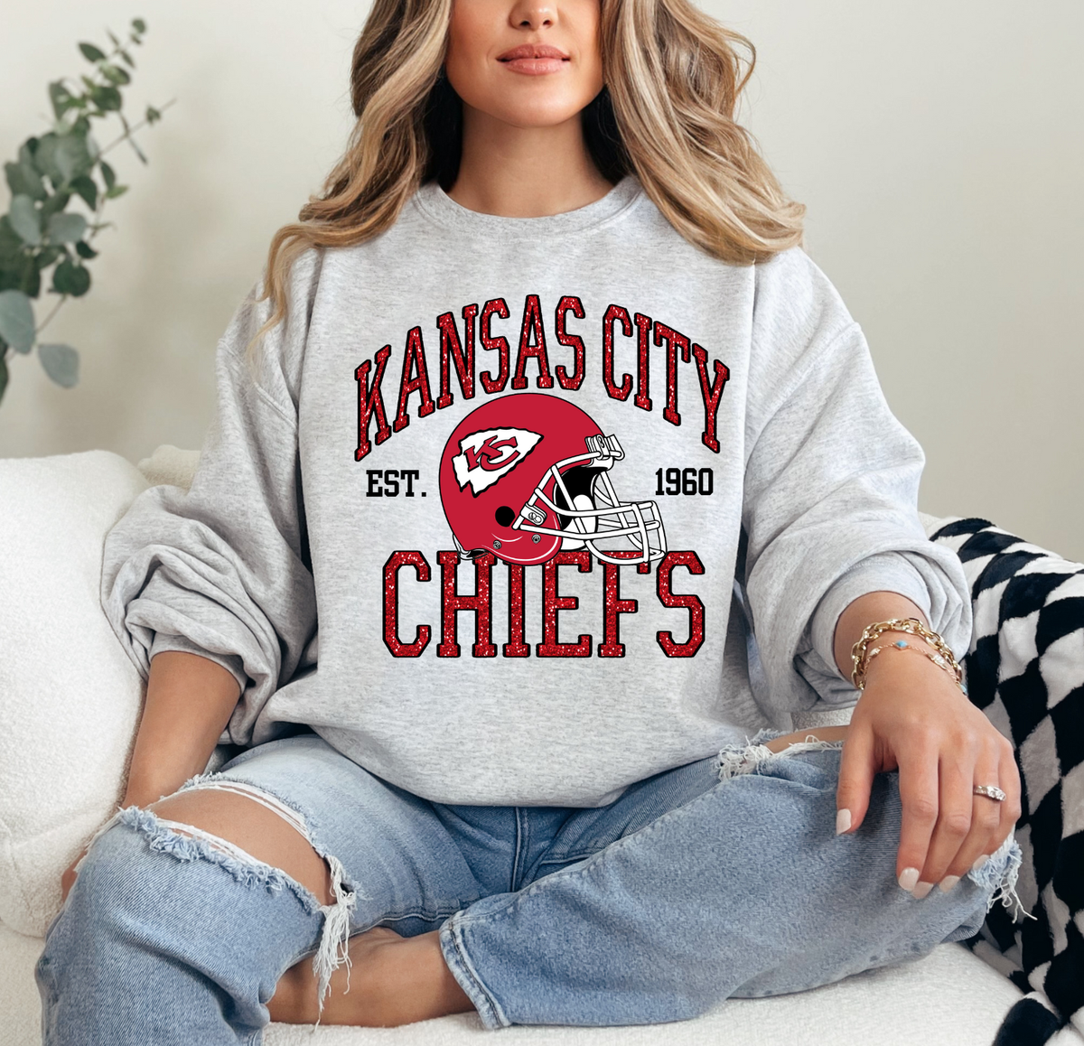 Faux Glitter KC Kansas City Football Unisex Graphic Crewneck Sweatshirt
