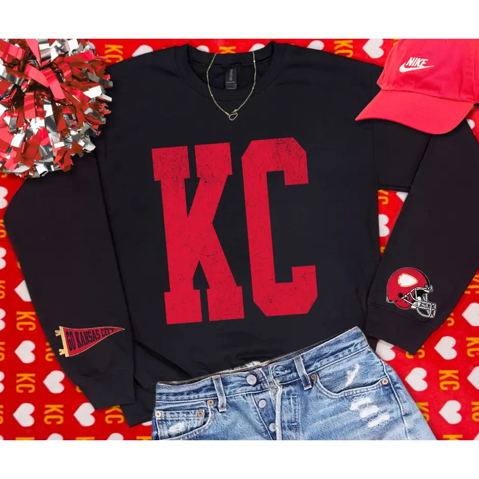 Bold KC Crewneck Sweatshirt with Sleeves Helment Banner Kansas City Football