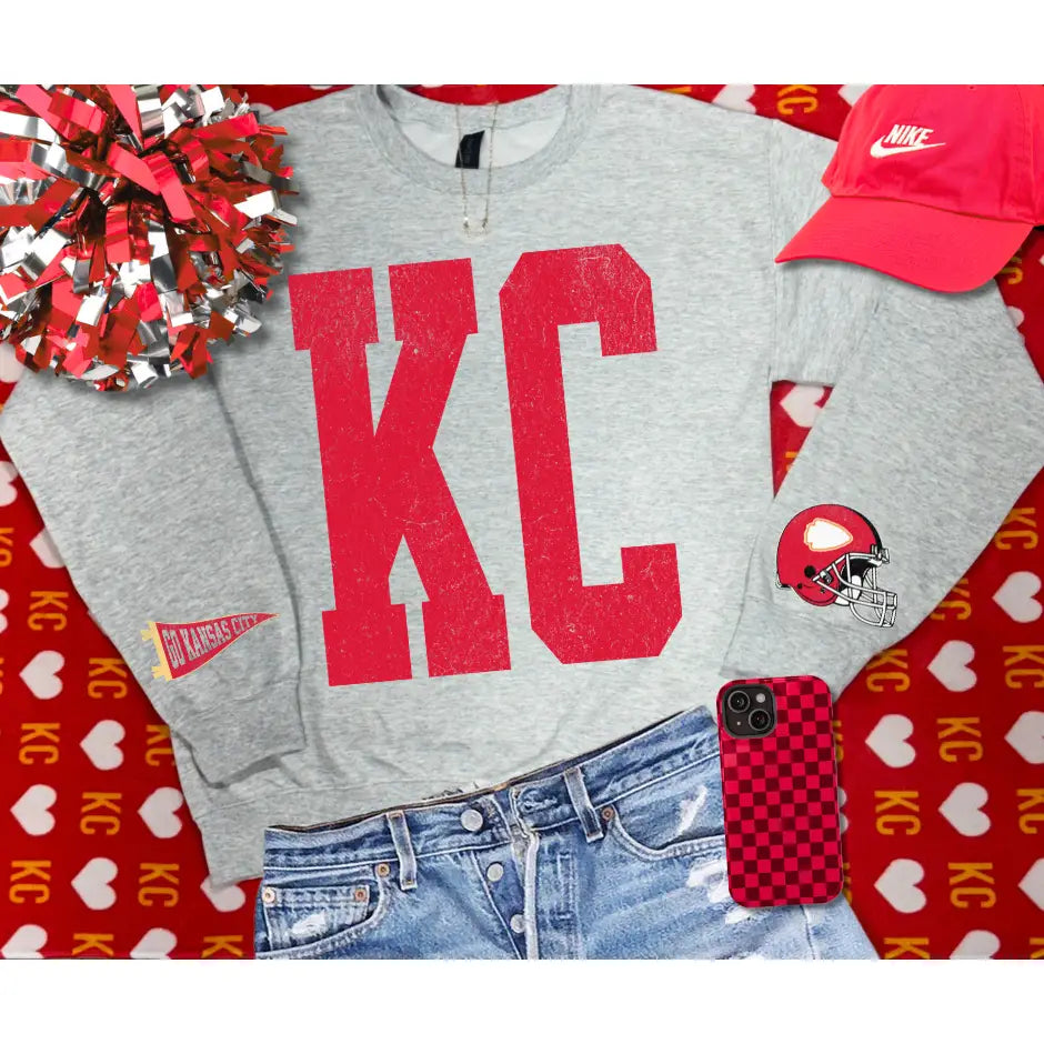 Bold KC Crewneck Sweatshirt with Sleeves Helment Banner Kansas City Football