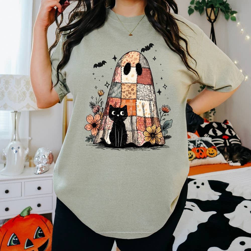 Halloween Patchwork Ghost Black Cat Tee Comfort Colors Brand Crewneck T-Shirt