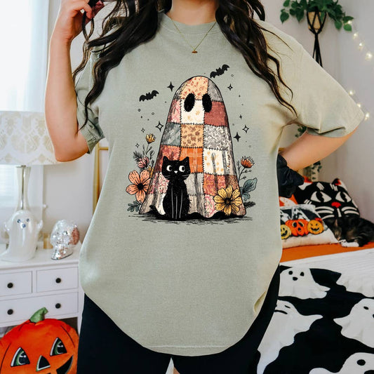 Halloween Patchwork Ghost Black Cat Tee Comfort Colors Brand Crewneck T-Shirt
