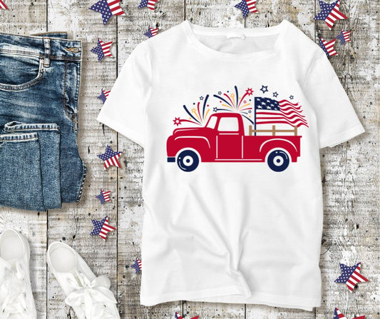 Women's Fourth Of July Patriotic Truck Graphic Tee T-Shirt