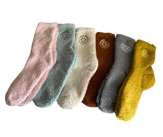 Women's Size Cozy Fuzzy Smiley Face Socks Six Different Color Pack