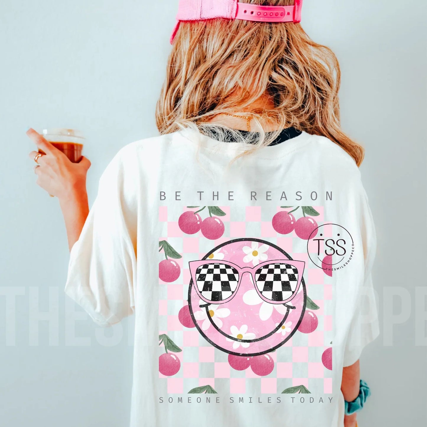Be The Reason Someone Smiles Today Graphic T-Shirt Cherries Checkered Smiley Face Tee