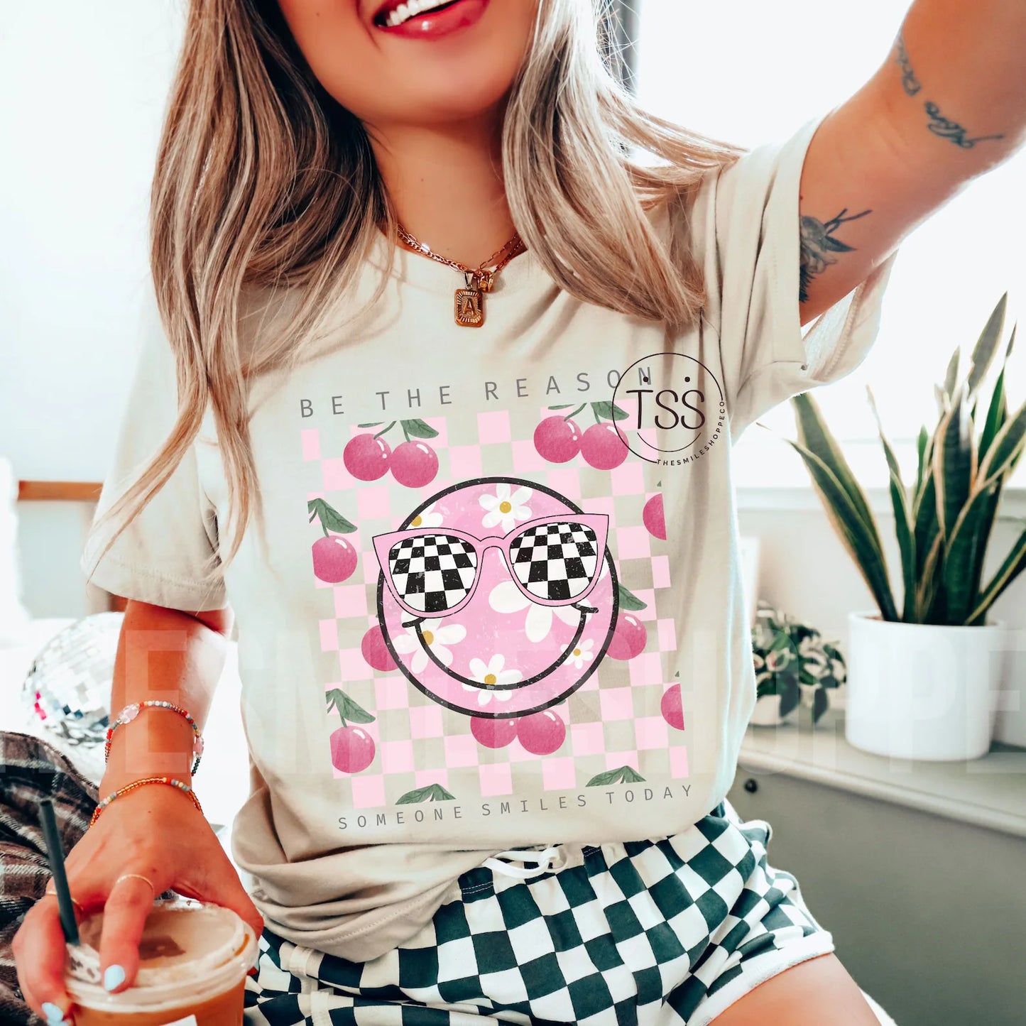 Be The Reason Someone Smiles Today Graphic T-Shirt Cherries Checkered Smiley Face Tee
