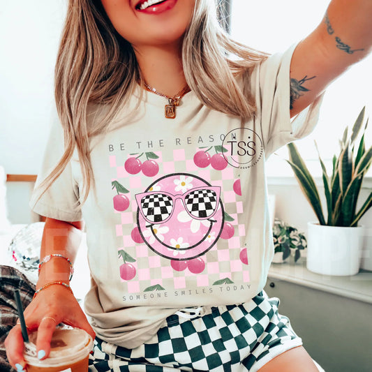 Be The Reason Someone Smiles Today Graphic T-Shirt Cherries Checkered Smiley Face Tee