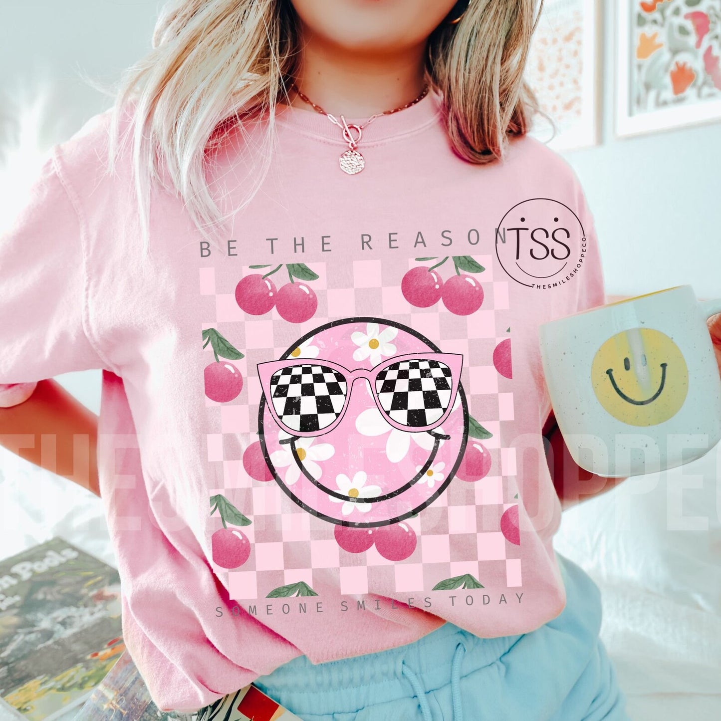 Be The Reason Someone Smiles Today Graphic T-Shirt Cherries Checkered Smiley Face Tee