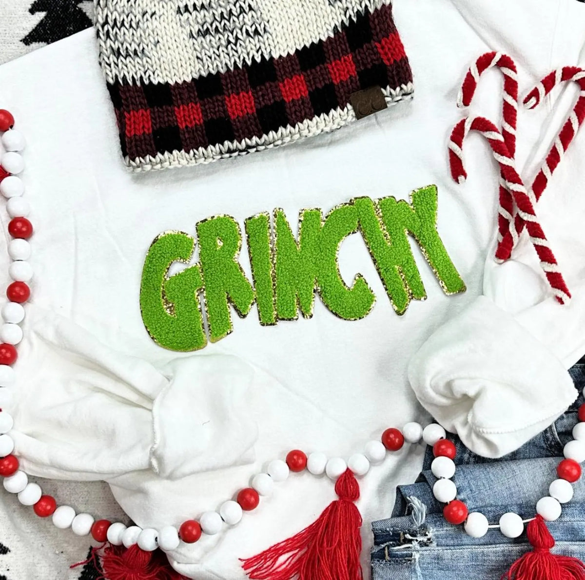 Holiday Christmas Green Mischief Crewneck Sweatshirt with Patch