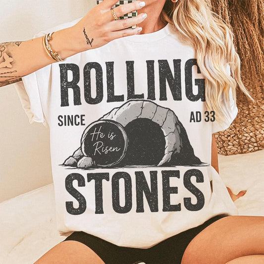 Christian Easter White Rolling Stones He is Risen Graphic T-shirt Comfort Colors Tee