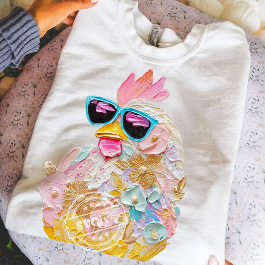 Easter Chicken Sunglasses Brushtroke Preppy Easter Graphic T-Shirt
