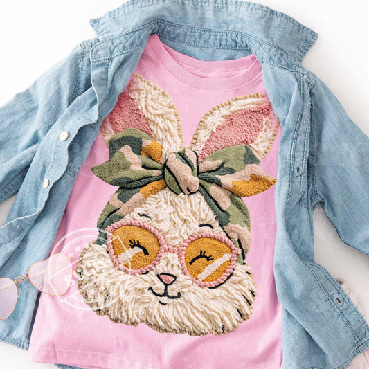 Faux Yarn Girl Easter Bunny Camouflage Bow Graphic T-Shirt Comfort Colosr Tee