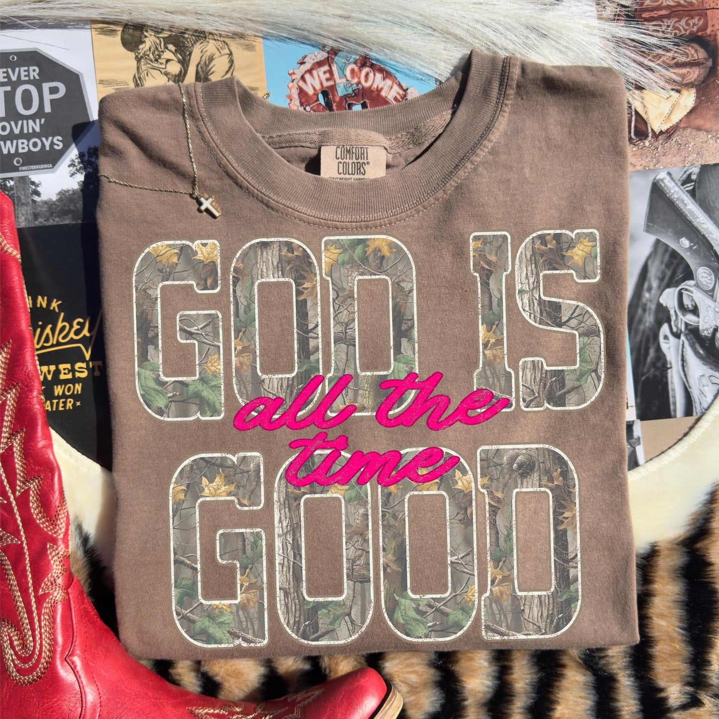 Comfort Colors Brand Camouflage God Is Good All The Time Graphic T-Shirt Christian Faith Camo Tee