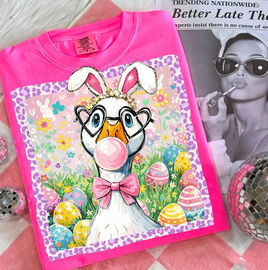 Comfort Colors Easter Preppy Goose Pink Bubblegum Floral Easter Eggs Graphic T-Shirt