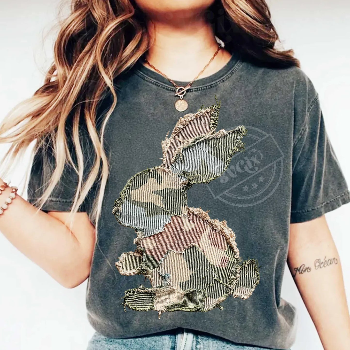 Comfort Colors Camouflage Easter Bunny Faux Patchwork Graphic T-Shirt