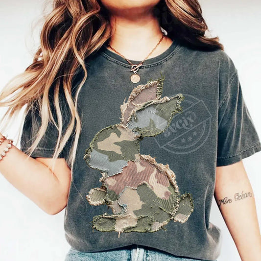 Comfort Colors Camouflage Easter Bunny Faux Patchwork Graphic T-Shirt