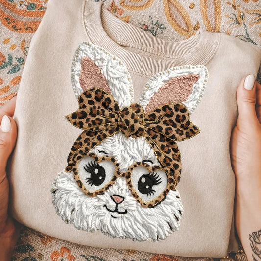 Spring Easter Bunny Leopard Print Bow Glasses Faux Fur Crewneck Sweatshirt