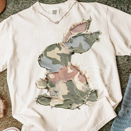 Comfort Colors Camouflage Easter Bunny Faux Patchwork Graphic T-Shirt