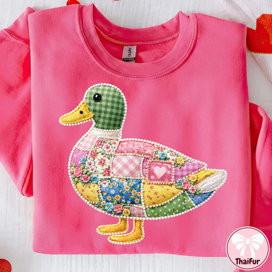 Easter Spring Pink Floral Mallard Duck Quilted Patchwork Graphic Crewneck Sweatshirt Gildan Brand