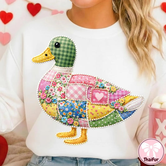 Easter Spring Pink Floral Mallard Duck Quilted Patchwork Graphic Crewneck Sweatshirt Gildan Brand