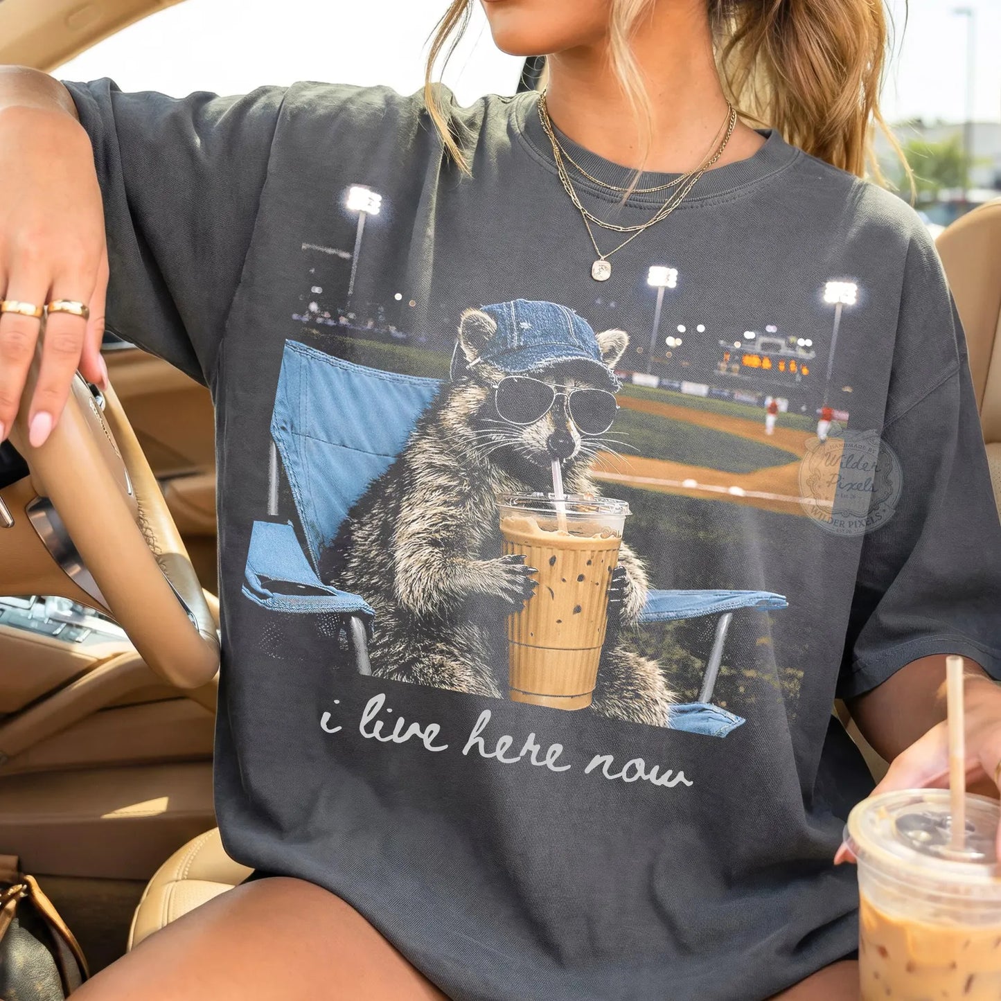Pepper Comfort Colors Tee I Live Here Now Racoon Baseball Field Iced Coffee T-Shirt