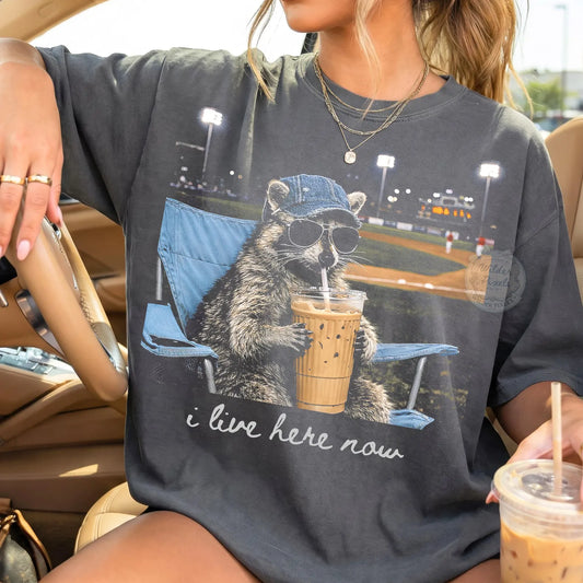 Pepper Comfort Colors Tee I Live Here Now Racoon Baseball Field Iced Coffee T-Shirt