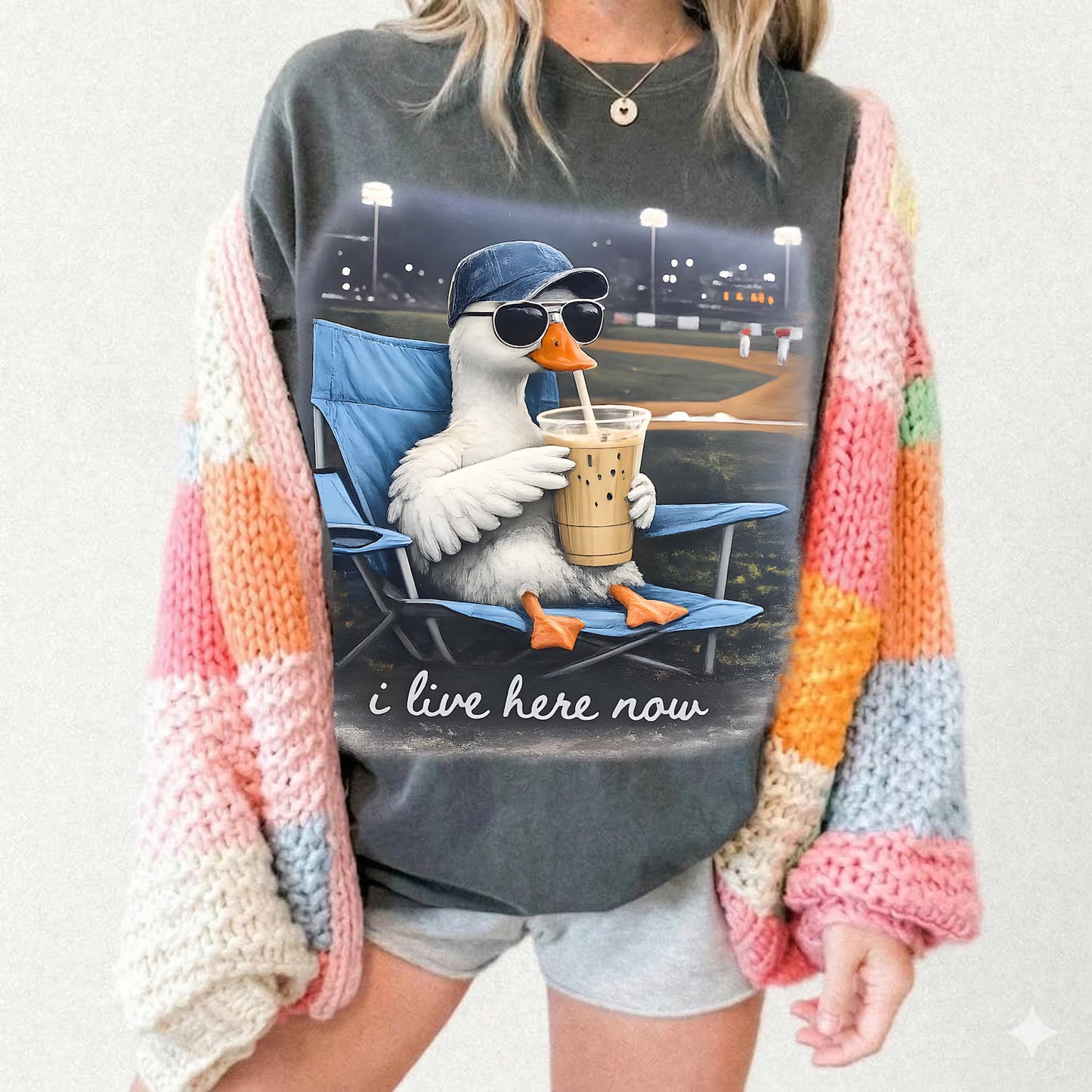 I Live Here Now Goose with Iced Coffee Baseball Field Graphic T-Shirt Pepper Comfort Colors Tee