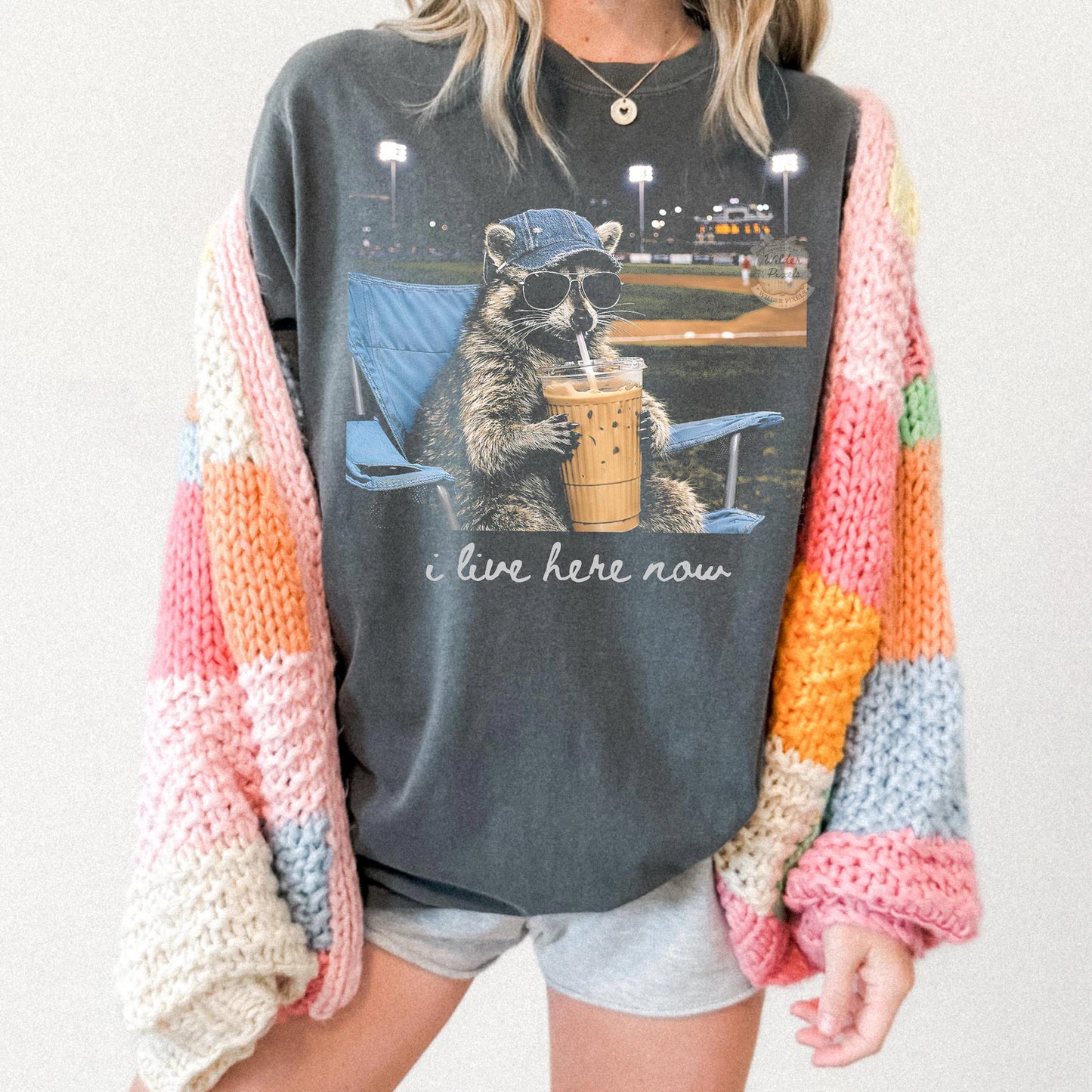 Pepper Comfort Colors Tee I Live Here Now Racoon Baseball Field Iced Coffee T-Shirt