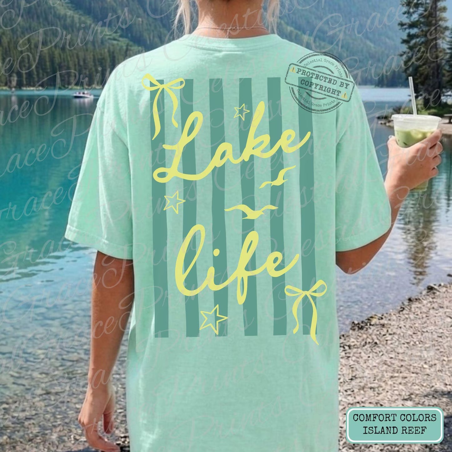 Preppy Lake Life Trendy Stripes Bows Coquette Lake Graphic T-Shirt Summer Vacation Tee