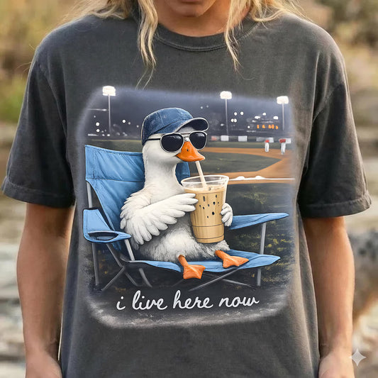I Live Here Now Goose with Iced Coffee Baseball Field Graphic T-Shirt Pepper Comfort Colors Tee