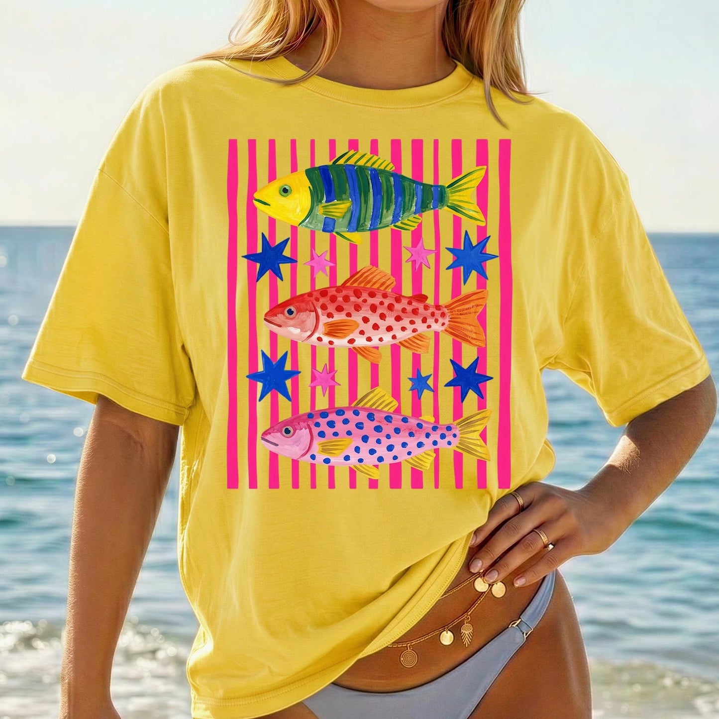 Colorful Tropical Coastal Fish Stripes Stars Graphic T-Shirt Comfort Colors Tee